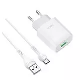 СЗУ HOCO C72Q Glorious, USB A, QC3.0, + кабель Type-C, белый (6931474732552)