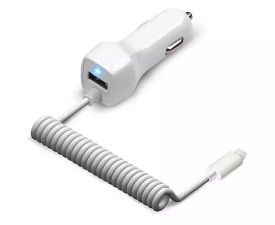 Автомобильное зарядное устройство Jet.A, USB А + встр.каб Apple 8pin, белый (UC-I15 White)
