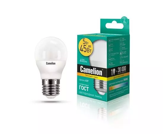 Электролампа LED E27 G45 шар 5Вт 220В 3000К (Camelion) (LED5-G45/830/E27)