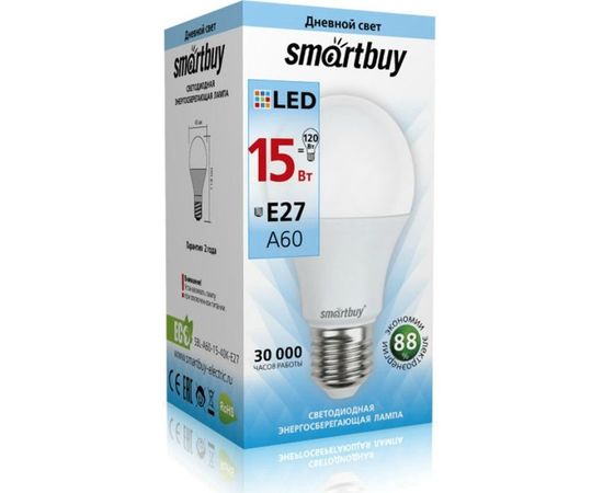 Электролампа LED E27 A60 груша 15Вт 230В 4000К (SmartBuy) (SBL-A60-15-40K-E27)