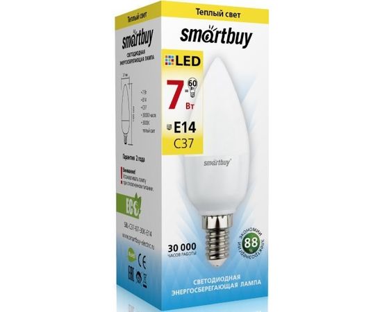 Электролампа LED E14 C37 свеча 7Вт 230В 3000К (Smartbuy) (SBL-C37-07-30K-E14)