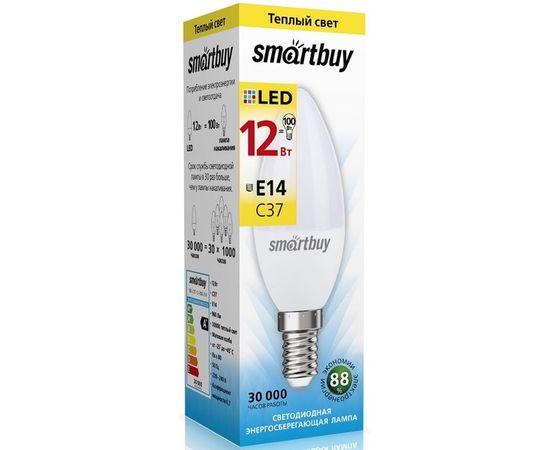 Электролампа LED E14 C37 свеча 12Вт 230В 3000К (Smartbuy) (SBL-C37-12-30K-E14)