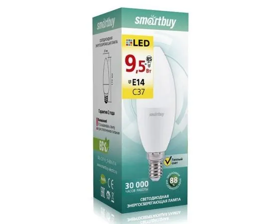 Электролампа LED E14 C37 свеча 9,5Вт 230В 3000К (Smartbuy) (SBL-C37-9_5-30K-E14)