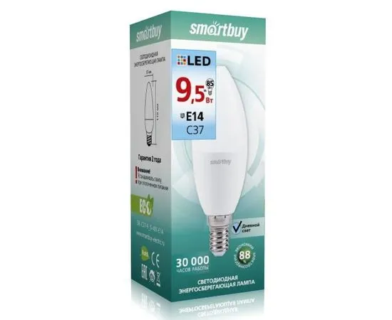 Электролампа LED E14 C37 свеча 9,5Вт 230В 4000К (Smartbuy) (SBL-C37-9_5-40K-E14)