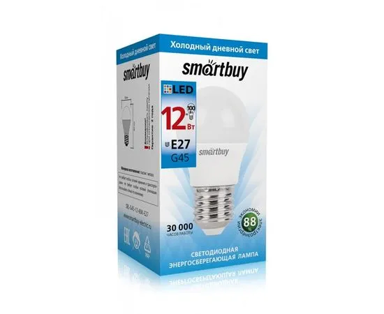 Электролампа LED E27 G45 шар 12Вт 220В 6000К (Smartbuy) (SBL-G45-12-60K-E27)