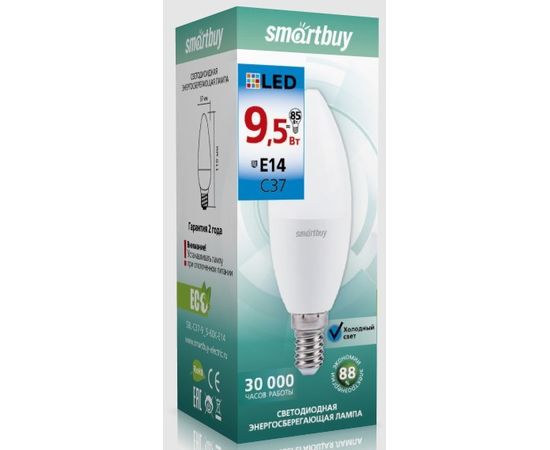 Электролампа LED E14 C37 свеча 9,5Вт 230В 6000К (Smartbuy) (SBL-C37-9_5-60K-E14)