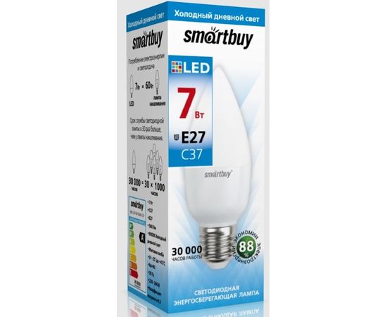 Электролампа LED E27 C37 свеча 7Вт 220В 6000К (Smartbuy) (SBL-C37-07-60K-E27)