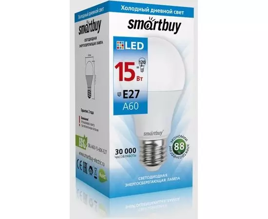 Электролампа LED E27 A60 груша 15Вт 230В 6000К (SmartBuy) (SBL-A60-15-60K-E27)