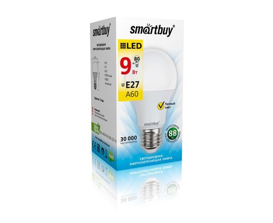 Электролампа LED E27 A60 груша 9Вт 230В 3000К (SmartBuy) (SBL-A60-09-30K-E27-N)