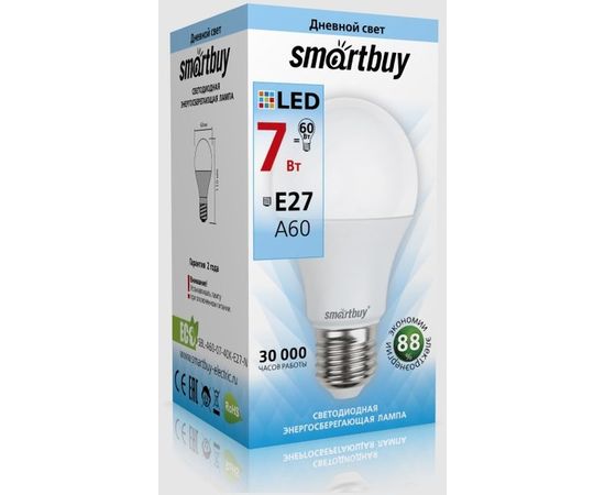 Электролампа LED E27 A60 груша 7Вт 230В 4000К (SmartBuy) (SBL-A60-07-40K-E27-N)