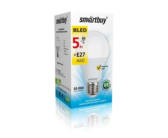 Электролампа LED E27 A60 груша 5Вт 230В 3000К (SmartBuy) (SBL-A60-05-30K-E27-A)