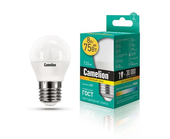 Электролампа LED E27 G45 шар 8Вт 230В 3000К (Camelion) (LED8-G45/830/E27)