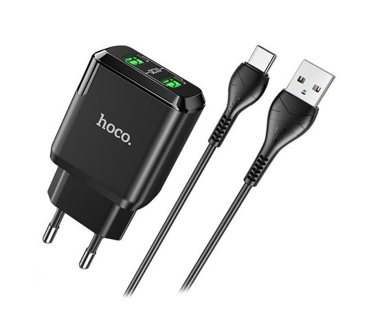 Зарядное устройство HOCO N6 Charmer, USB A+A, QC 3.0, + кабель Type-C, черный (6931474738998)