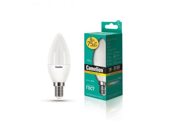 Электролампа LED E14 C35 свеча 8Вт 220В 3000К (Camelion) (LED8-C35/830/E14)