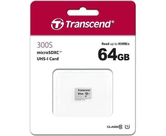 Карта памяти MicroSDXC 64GB Class 10 UHS-I U1 A1 без адаптера (Transcend) (TS64GUSD300S)