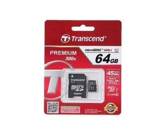 Карта памяти MicroSDXC 64GB Class 10 UHS-I + адаптер (Transcend, PREMIUM (X400)) (TS64GUSDU1)