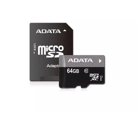 Карта памяти MicroSDXC 64GB Class 10 UHS-I + адаптер (ADATA) (AUSDX64GUICL10-RA1)
