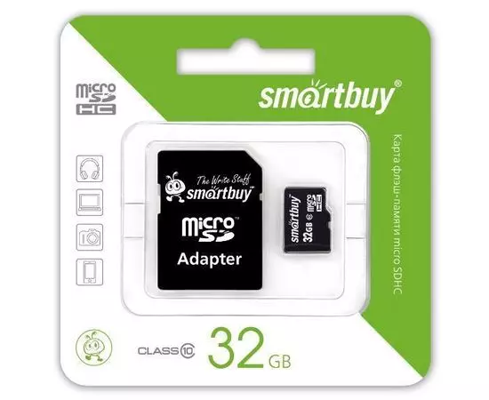 Карта памяти MicroSDHC 32GB Class 10 + адаптер (SmartBuy) (SB32GBSDCL10-01)