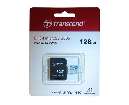 Карта памяти MicroSDXC 128Gb Class 10 UHS-I U3 V30 A1 + адаптер (Transcend 300S) (TS128GUSD300S-A)
