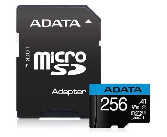 Карта памяти MicroSDXC 256Gb Class 10 UHS-I A1 + адаптер (ADATA) (AUSDX256GUICL10A1-RA1)