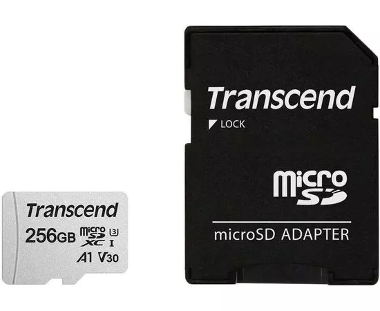 Карта памяти MicroSDXC 256Gb Class 10 UHS-I U3 V30 A1 + адаптер (Transcend) (TS256GUSD300S-A)