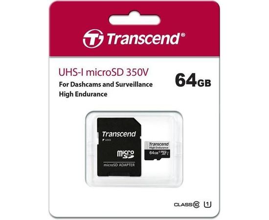 Карта памяти MicroSDXC 64Gb Class 10 UHS-I U1 + адаптер (Transcend High Endurance) (TS64GUSD350V)