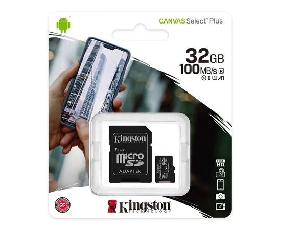 Карта памяти MicroSDHC 32GB Class 10 UHS-I + адаптер (Kingston, Canvas Select Plus) (SDCS2/32GB)