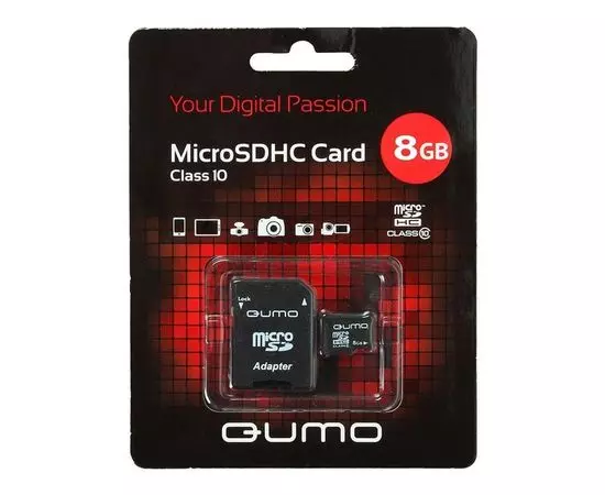 Карта памяти MicroSDHC 8GB Class 10 + адаптер (QUMO) (QM8GMICSDHC10)