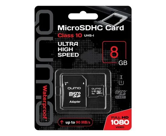 Карта памяти MicroSDHC 8Gb Class 10 UHS-I + адаптер (Qumo) (QM8GMICSDHC10U1)