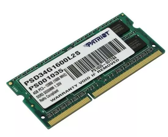 Оперативная память для ноутбука 4Gb DDR3L-1600MHz (PATRIOT) (PSD34G1600L2S)