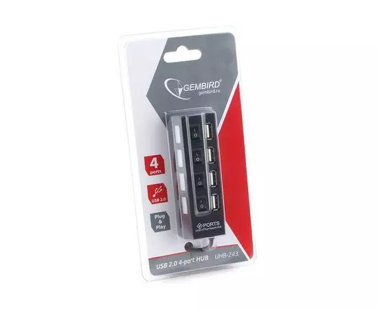 USB-разветвитель (хаб) USB2.0 -> USB 2.0, 4 порта с выключателями, GEMBIRD, черный (UHB-243-AD), фото 2