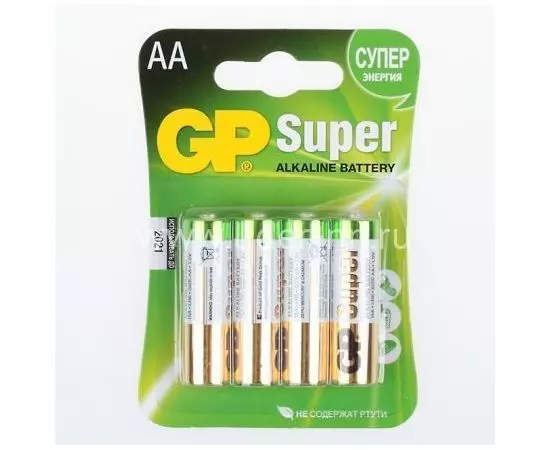 Батарейка (размер AA, LR6) GP LR6/4BL Super - упаковка 4 шт, цена за 4шт (GP 15A-CR4)