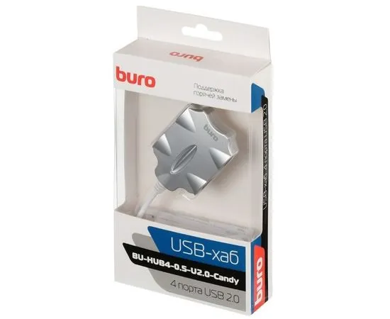 USB-разветвитель (хаб) USB2.0 -> USB2.0, 4 порта, Buro, серебристый (BU-HUB4-0.5-U2.0-CANDY), фото 3