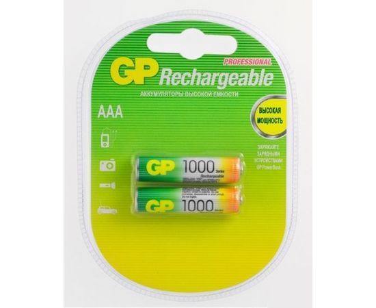 Аккумулятор (размер ААA, HR03) GP 1000mAh - упаковка 2 шт, цена за 2шт (пластик) (GP 100AAAHC-2CR2)