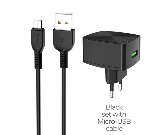 СЗУ HOCO C70A Cutting-edge, USB A, QC3.0 + кабель microUSB, черный (6931474706645)