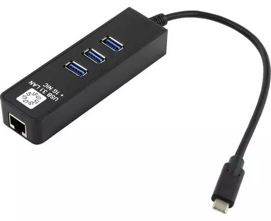 Сетевая карта (USB Type-C) 10/100/1000 Mbit + 3 порта USB 3.0, 5bites UA3C-45-10BK, черный
