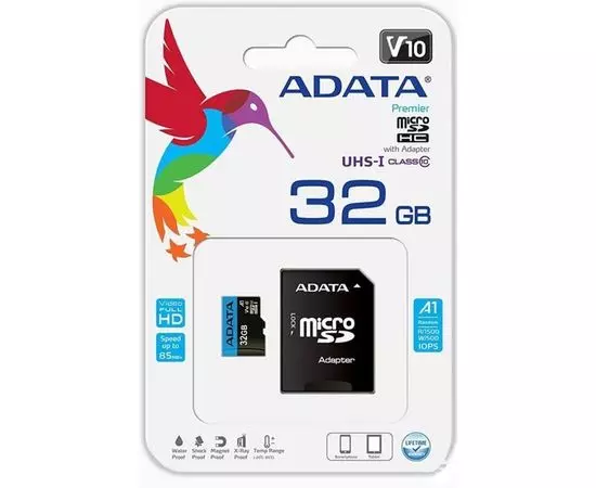 Карта памяти MicroSDHC 32Gb Class 10 UHS-I A1 + адаптер (ADATA) (AUSDH32GUICL10A1-RA1)