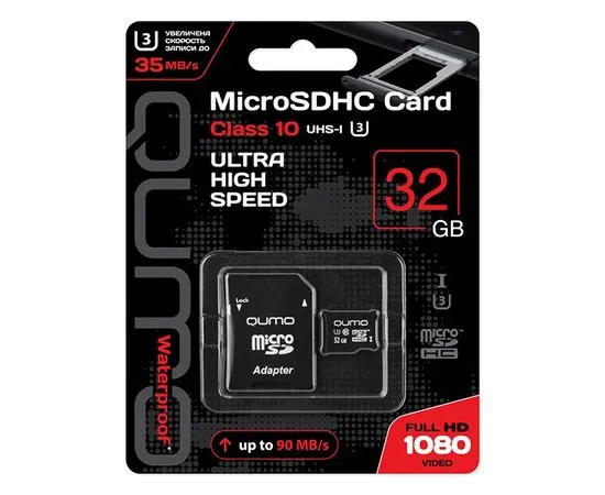 Карта памяти MicroSDHC 32Gb Class 10 UHS-I U3 + адаптер (QUMO) (QM32GMICSDHC10U3)