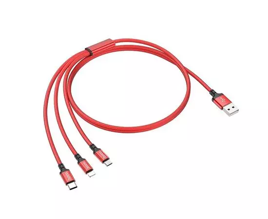 Кабель USB2.0 AM -> Lightning + microUSB + Type-C 1м. (HOCO) X14 3в1, красный (6931474719164)