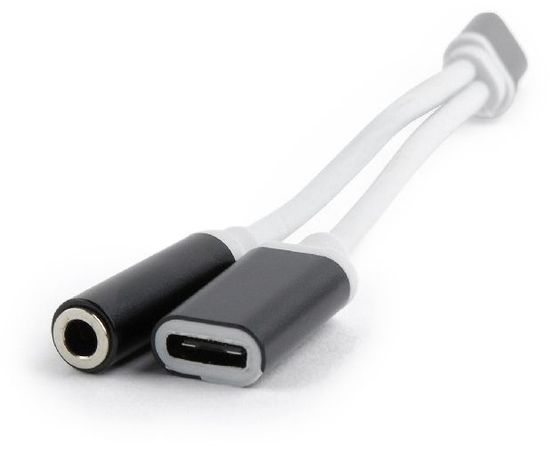 Аудио переходник USB Type-C (M) -> mini-jack 3.5 mm (F) + Type-C (F), Cablexpert, черный/белый (CCA-UC3.5F-02)