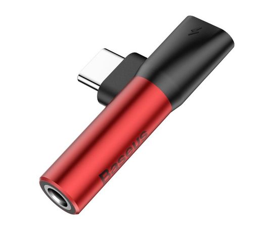 Аудио переходник USB Type-C (M) -> mini-jack 3.5 mm (F) + Type-C (F), Baseus L41, красный/черный (6953156282285)