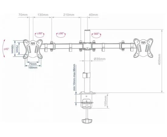 Настольное крепление для 2-х мониторов 15"-32" 4 ст.свободы, (Arm Media, LCD-T13) черный, фото 2