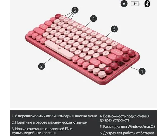 Клавиатура Logitech POP KEYS Heartbreaker Rose, розовый (920-010718), Цвет: Розовый, фото 2