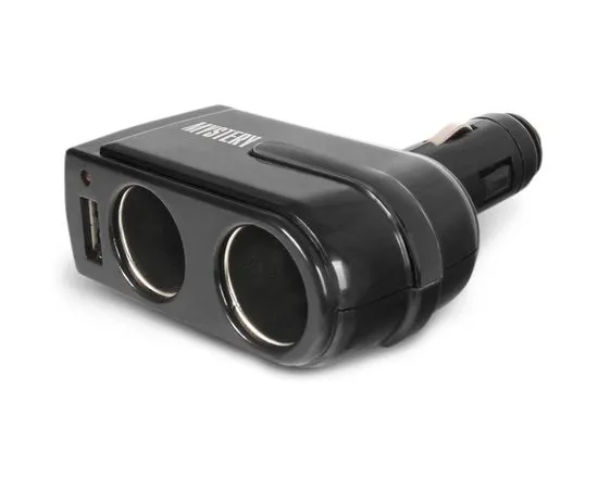 Разветвитель автоприкуривателя Mystery MCU-2U, черный, 2 розетки + 1 USB