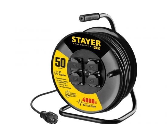Удлинитель на катушке 50м (4 розетки, с заземлением) Stayer, черный (55076-50)