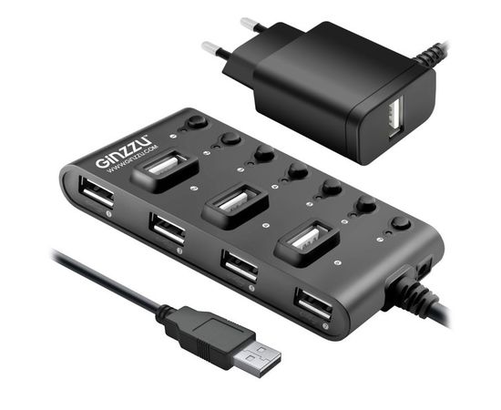 USB-разветвитель (хаб) USB2.0 -> USB2.0, 7 портов с выключателями, блок питания, Ginzzu, черный (GR-487UAB)