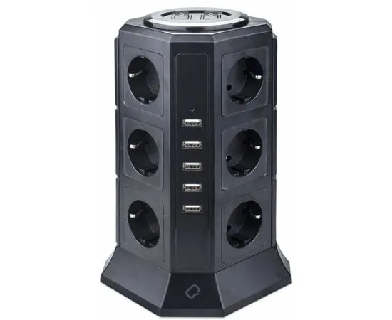 Сетевой фильтр 2 м. (Qumo Power Tower Pro, 12 розеток, 5 USB A), черный (P-0001)