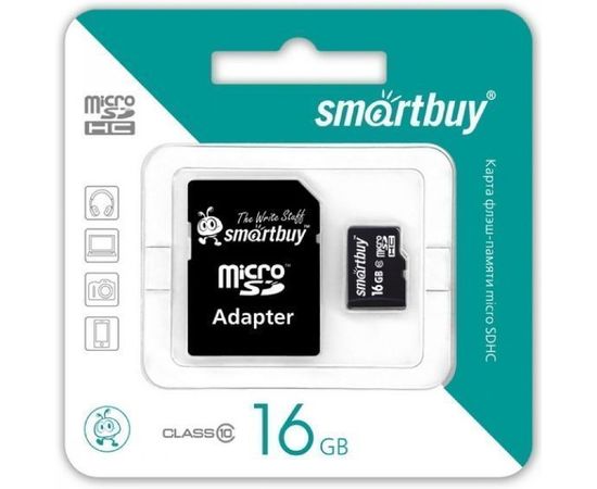 Карта памяти MicroSDHC 16GB Class 10 + адаптер (SmartBuy) (SB16GBSDCL10-01)