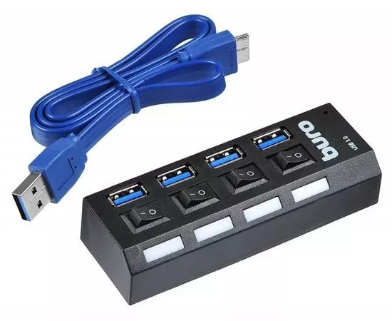 USB-разветвитель (хаб) USB3.0 -> USB3.0, 4 порта, с выключателем, Buro, черный (BU-HUB4-U3.0-L)
