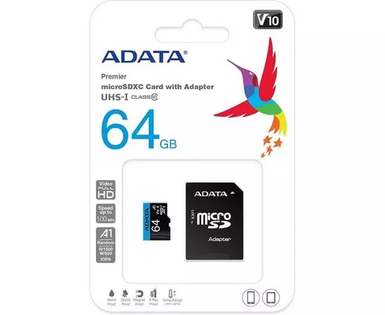 Карта памяти MicroSDXC 64GB Class 10 UHS-I U1 + адаптер (ADATA) (AUSDX64GUICL10A1-RA1), фото 3